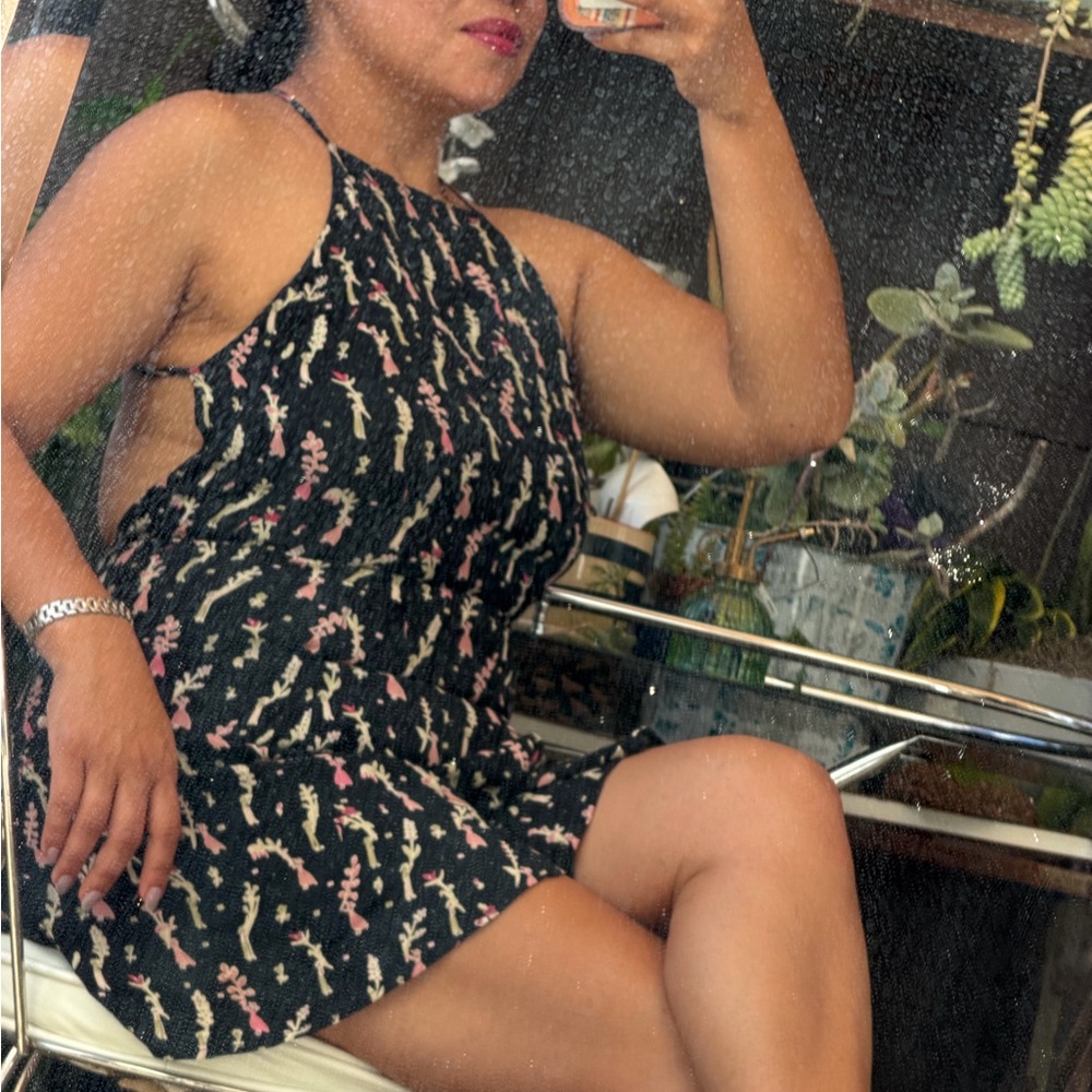 Reformation Black Mini Dress with Pink and Cream Floral Print